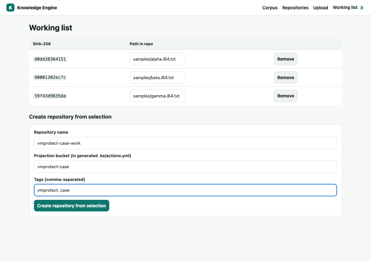 Working list with selected objects and a create form